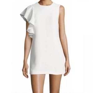 ELIZABETH and JAMES Ruffle Trim Sleeveless Jewel Neck Crepe Sheath Dress, Ivory